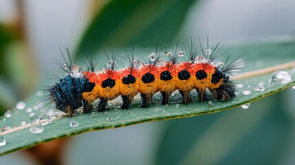 Fototapeta premium Colorful caterpillar with water droplets on a green leaf close up detail