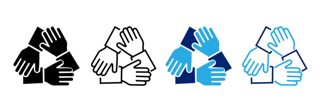 Teamwork icon set. Three hands supporting each other, a symbol of solidarity, collaboration, and unity. Partnership, business friendship, support. 