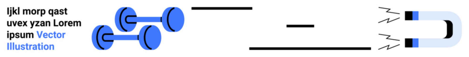 Scientific principles, energy transfer, physics studies, high school education, strength training, attraction. Dumbbells connected by a line to a magnet. Energy transfer and physics studies concept
