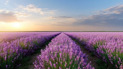 Fototapeta premium Breathtaking View of Lavender Fields Under Soft Sky with Vibrant Purple Flowers and Gentle Horizon in Peaceful Sunset Setting