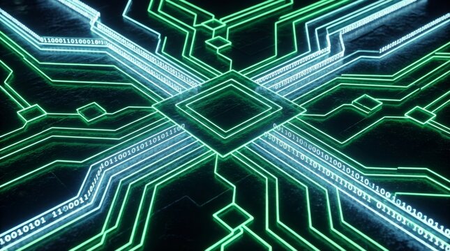 Abstract Digital Neon Grid Background with Binary Code and Circuits