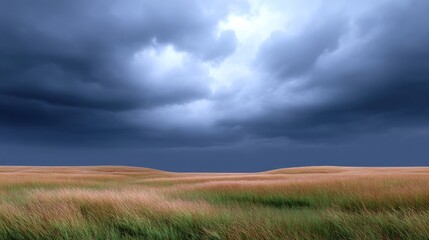 Obraz premium Dramatic Sky Over Expansive Grassland with Thunderous Clouds and Lush Greenery for Natural Landscape Photography and Scenic Views