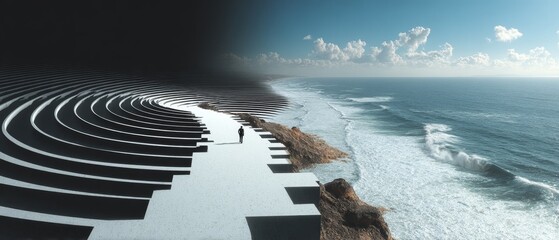 Solitary Figure Walking Along Geometric Spiral Steps Into Ocean Cliff, A Surreal Coastal Journey