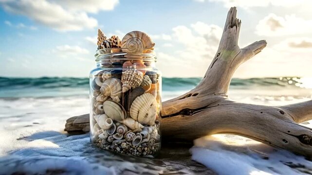 Seashells in a Jar on a Beach with Driftwood and Ocean Waves.