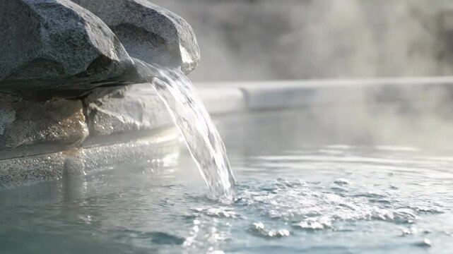 Stone water spout flowing into a steaming pool at an onsen. Detail of a traditional hot spring bath. Hydrotherapy and health concept