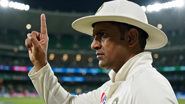 Umpire making signal during cricket match, showcasing authority and decision-making in sports. Ideal for articles on sports officiating, cricket rules, or sporting events.