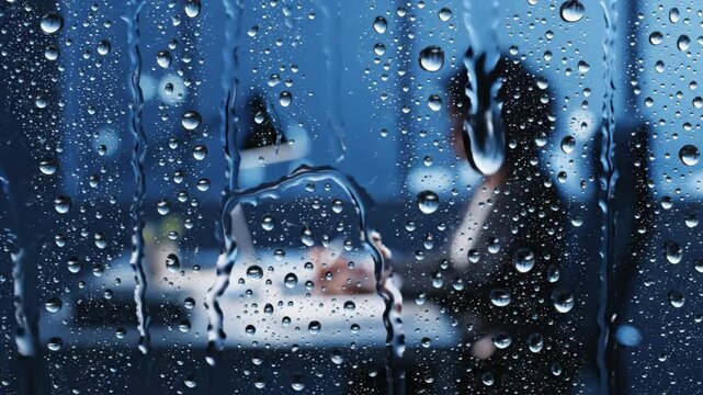 Raindrops on glass in a cozy office at night