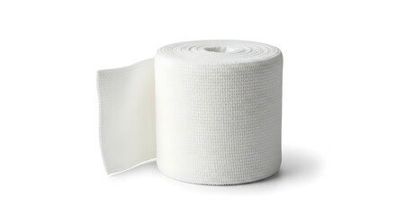 White Cotton Gauze Bandage Roll Unrolling on White Background &mdash; First Aid and Wound Care Concept
