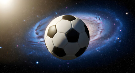 Fototapeta premium A soccer ball floats in space near a galaxy