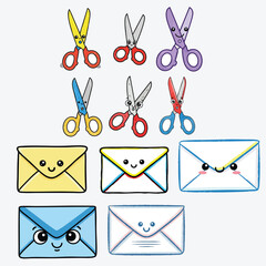 Cartoon Scissors and Envelopes: Colorful Illustrations for Crafts and Communication