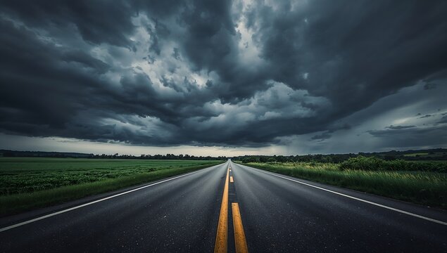 A long straight road under a stormy sky, leading towards the horizon