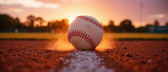 Baseball dirt sunset field sport outdoor dramatic closeup summer competition. baseball rests on dusty field at sunset evoking excitement