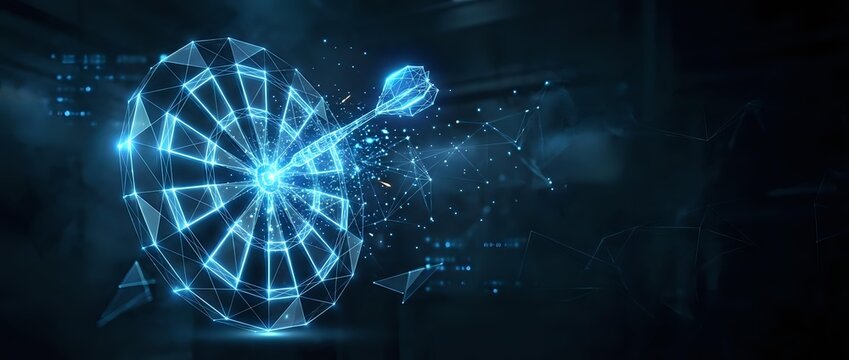 Glowing blue digital dartboard with luminous dart hitting bullseye surrounded by particle effects and network connections on dark background for gaming concepts.