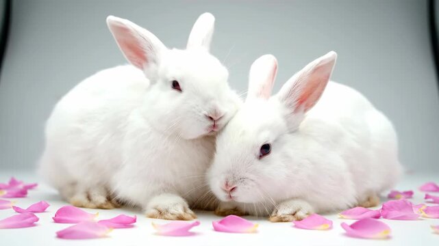 Two white rabbits snuggling on surface with pink rose petals. Cute pair of bunnies showing affection in studio. Easter love and romance concept