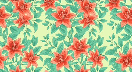 Obraz premium Seamless floral pattern with red lilies and green leaves on light background