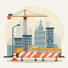 Construction Site with Crane and Barriers.