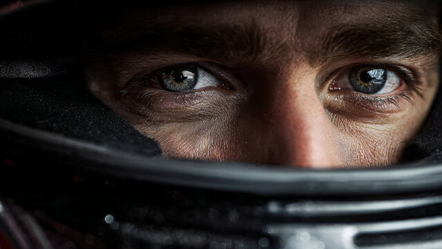 Intense focused portrait of man racer driver inside helmet. Eyes show deep determination and concentration before motorsport competition