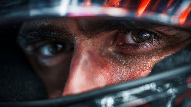 Focused formula driver portrait inside helmet with visor. close up on determined eyes of racer before motorsport competition