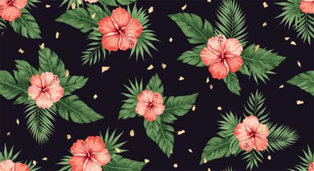 Obraz premium Tropical floral pattern with hibiscus blooms on dark background