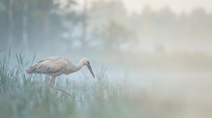 Fototapeta premium Sandhill crane wading through misty wetland marsh at dawn with soft ethereal lighting and dreamy atmospheric fog creating peaceful wildlife scene.