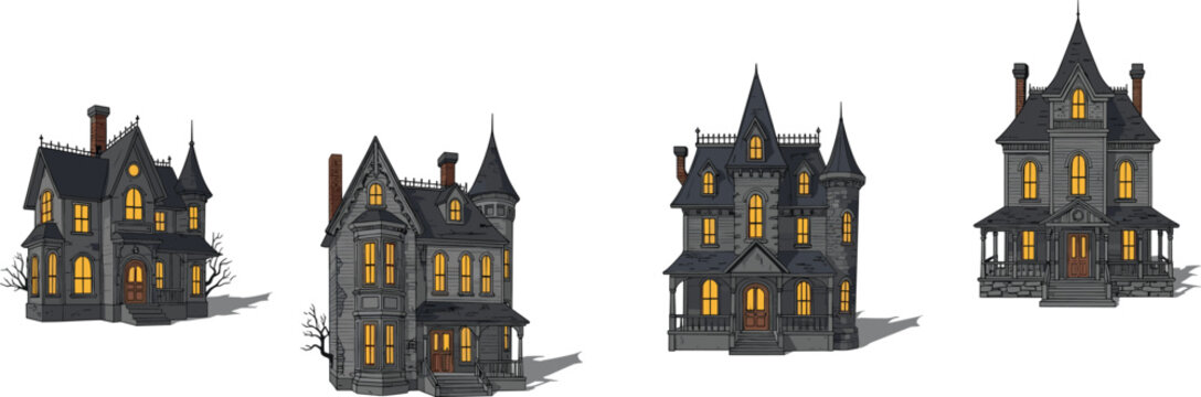 Haunted Victorian house illustration set, spooky gothic mansions collection with glowing windows, eerie Halloween architecture icons isolated vintage horror design