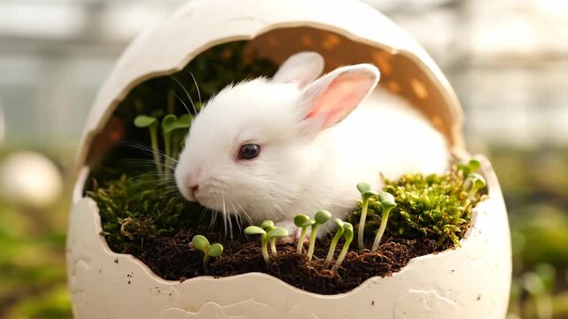Small white bunny sitting inside a cracked eggshell with green sprouts. Cute rabbit surrounded by microgreens in a greenhouse setting. Concept of new life and growth