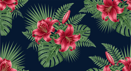 Obraz premium Exotic tropical floral pattern with red lilies and green leaves on dark background