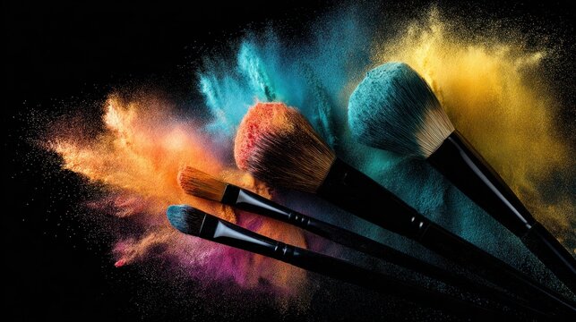 Cosmetic brushes with colorful powder explosion on a black background