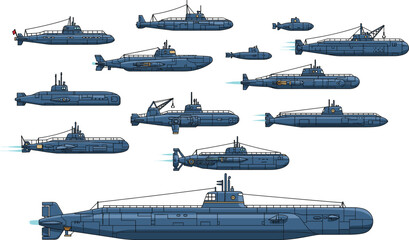 Military submarine collection illustration naval underwater vessel fleet maritime defense technology ocean warship transport isolated vector design engineering concept © LatifunNahar