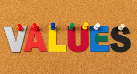 Values Spelled Out with Colorful Letters Pinned to a Cork Board, Demonstrating Core Beliefs