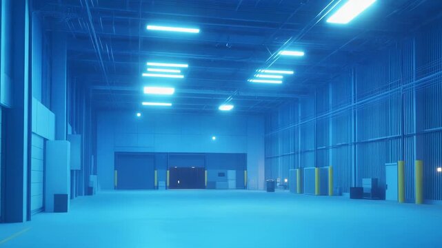 Empty industrial logistics warehouse interior featuring a vast open space, high ceiling, loading dock doors, and fluorescent lighting, creating a modern storage environment