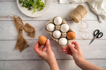 DIY Easter eggs with natural leaves, creating patterns on eggs using plants. Eco friendly colouring easter eggs