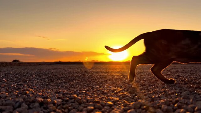 Cat Walking at Sunset on Gravel Surface Low Angle