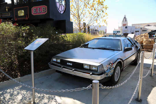 
DeLorean Time Machine car and train from the Back to the Future movies on display