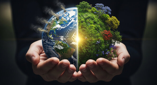Future of Earth Human hands cradle a divided globe, half green nature and half pollution, emphasizing environmental choice and global sustainability