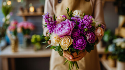 A person in a brown apron holds a bouquet of purple and pink flowers