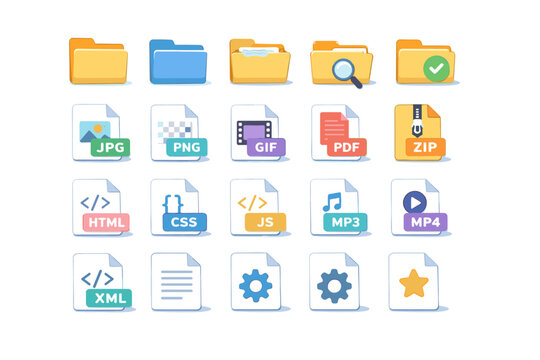 Flat File Type Icons Set - JPG PNG GIF PDF ZIP HTML CSS JS MP3 MP4 XML Folder Gear Star