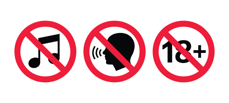 Set of prohibition signs including no music, no talking, and not for under 18, vector illustrations representing restricted activities, warnings, safety, and regulatory compliance for digital or print