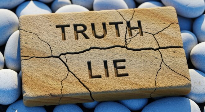 Truth and Lie Concept: Cracked Stone Tablet on Pebbles, Symbolizing Deception and Reality