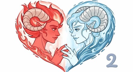 Fire and Water Elemental Horned Lovers Forming Heart Shape Illustration
