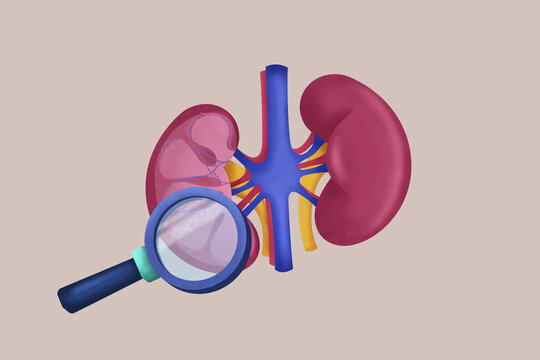 Detailed kidney medical illustration with magnifying glass