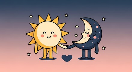 Cute Kawaii Sun and Moon Holding Hands in Celestial Harmony Vector Art