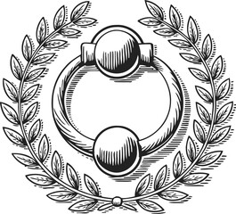 Vintage circular door knocker surrounded by laurel wreath with engraved detail