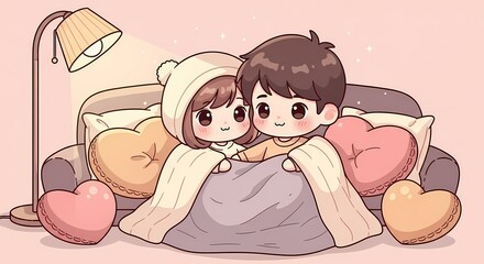 Kawaii Chibi Couple Cuddling on Sofa with Heart Pillows and Warm Light