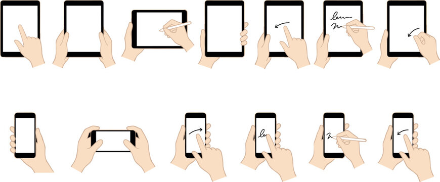Collection of vector illustrations featuring hands holding smartphones and tablets with various touch gestures scrolling swiping and writing with a stylus for technology design.