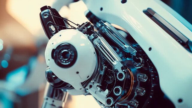 Robot head detail featuring intricate mechanical gears, wires, and pistons, highlighting advanced engineering and the future of artificial intelligence in automation