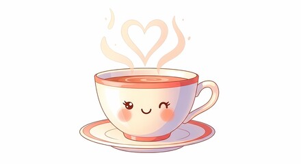 Cute Kawaii Winking Tea Cup Illustration with Heart Shaped Steam