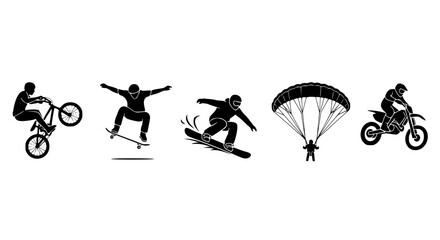 Naklejka premium Collection of dynamic extreme sports silhouette icons featuring bmx trick, skateboarding aerial, snowboarding jump, parachuting descent, and motocross rider on transparent background