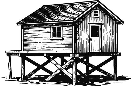 Wooden stilt house illustration elevated cabin with support beams, window and door in black and white drawing