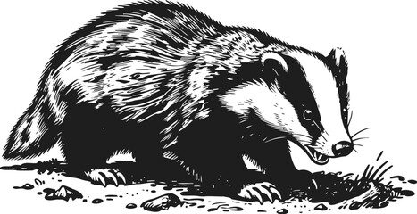 Fototapeta premium Black and white badger illustration digging ground with detailed fur and claws vintage